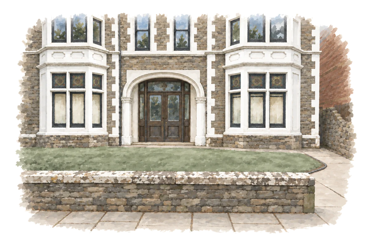 Painting of the front of the practice at 97 Cathedral Road: a stone Victorian house with two white bay windows, a lawn and a low front wall