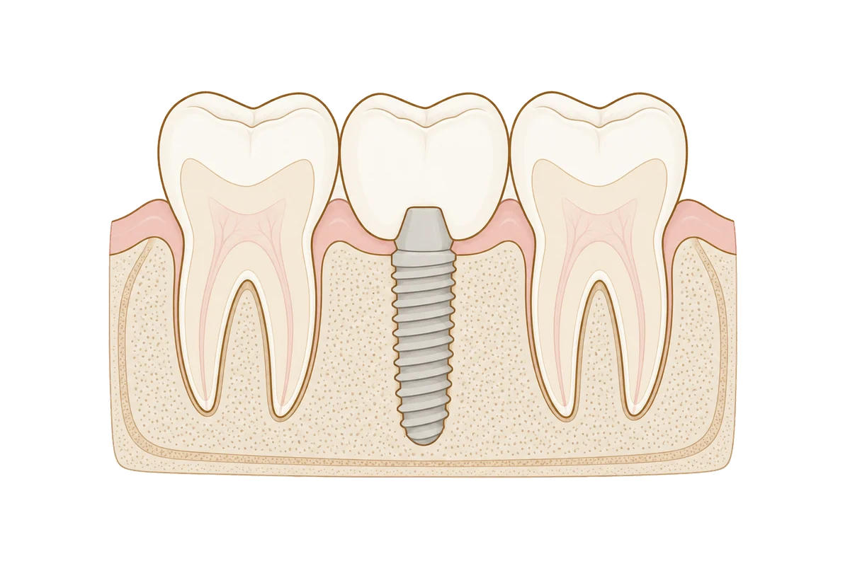 Illustration of a dental implant between two natural teeth: a crown on an abutment, attached to a threaded post in the jawbone, with the gum around it