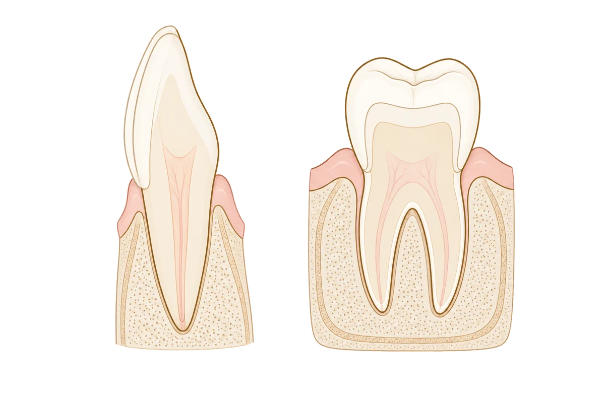 Illustration comparing a thin veneer bonded to the front of a front tooth with a crown covering the whole of a molar