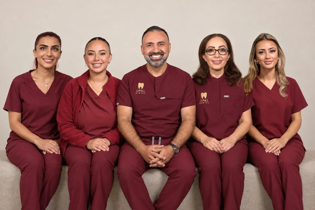 Five members of the Opal Dental team sitting side by side in a studio group portrait, all smiling, in burgundy uniforms
